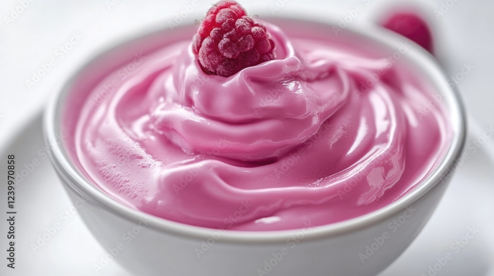 Dish of pink creamy dessert garnished with a berry on top, served in a bowl. Dish of pink creamy dessert garnished with a berry on top, served in a bowl.