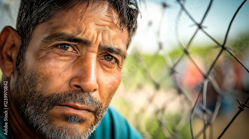 An unhappy Latin American refugee stands by a barbed wire fence with a thoughtful expression on his face