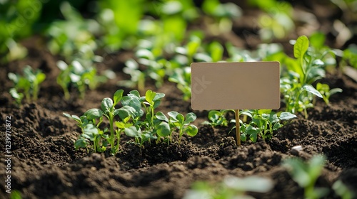 young green seedlings growing in rich soil with blank plant mark photo