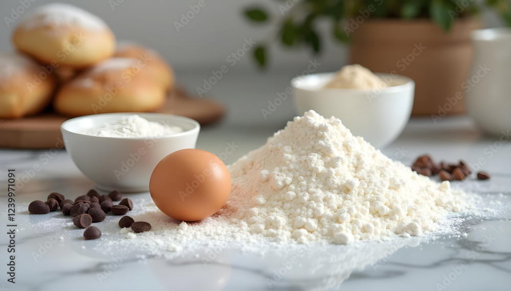 Illustration of raw eggs and white flour and chocolate, important ingredients in baking, pastries, placed on a wooden table ready for cooking. Illustration of raw eggs and white flour and chocolate, important ingredients in baking, pastries, placed on a wooden table ready for cooking.