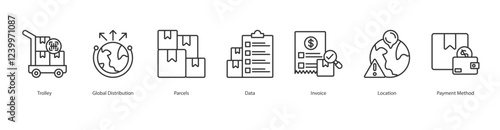 E-Commerce Logistics Icon Sheet Trolley, Global Distribution, Parcels, Data, Invoice, Location, Payment Method