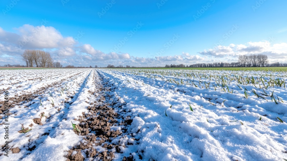 Snowy field, young plants, winter landscape, agriculture Snowy field, young plants, winter landscape, agriculture