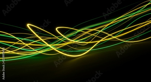 Abstract Swirling Green and Yellow Light Trails on Black Background Dynamic Energy Modern Art