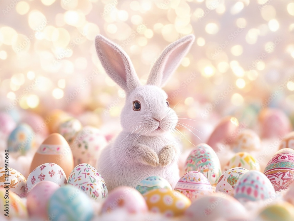 A white rabbit is sitting in a pile of Easter eggs. The eggs are of various colors, including pink, yellow, and green. Concept of playfulness and joy, as the rabbit is surrounded by the colorful eggs A white rabbit is sitting in a pile of Easter eggs. The eggs are of various colors, including pink, yellow, and green. Concept of playfulness and joy, as the rabbit is surrounded by the colorful eggs