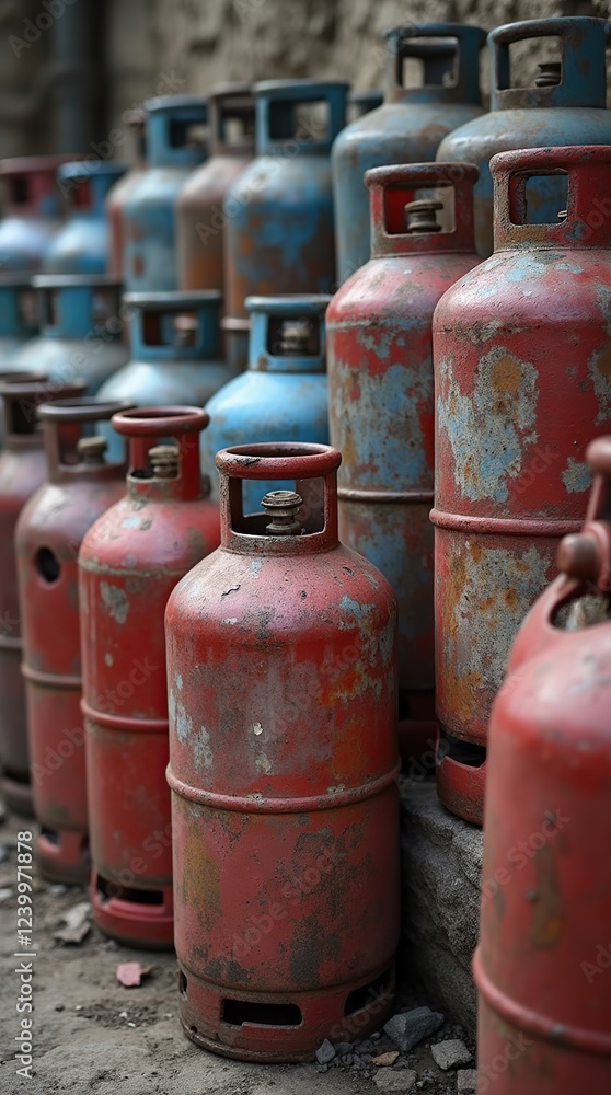 Rustic Collection of Weathered LPG Gas Cylinders Stacked Outdoors for Storage Rustic Collection of Weathered LPG Gas Cylinders Stacked Outdoors for Storage