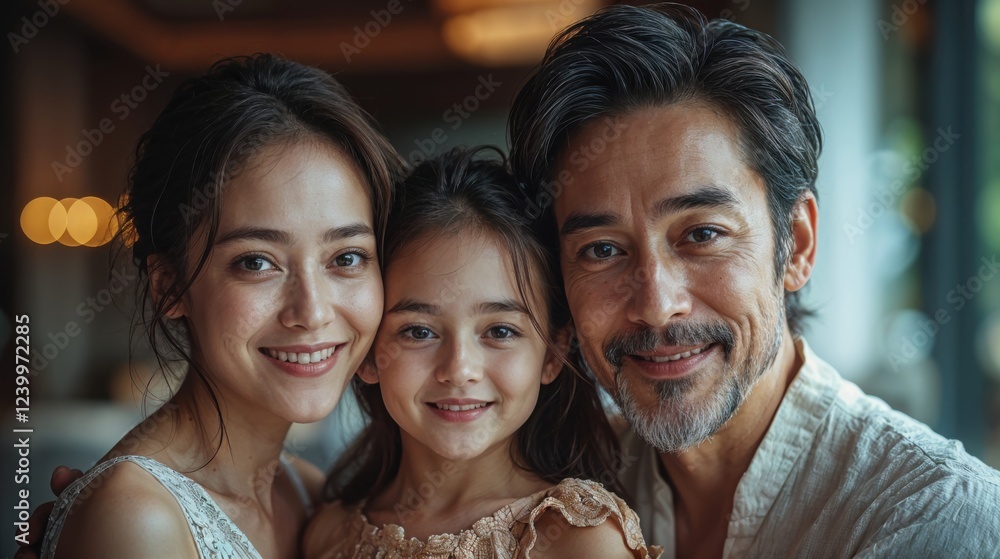 Fototapeta premium Joy and affection fill the air as a family of three celebrates a cherished moment in a warmly lit space, their smiles reflecting love and togetherness amidst soft, ambient light.