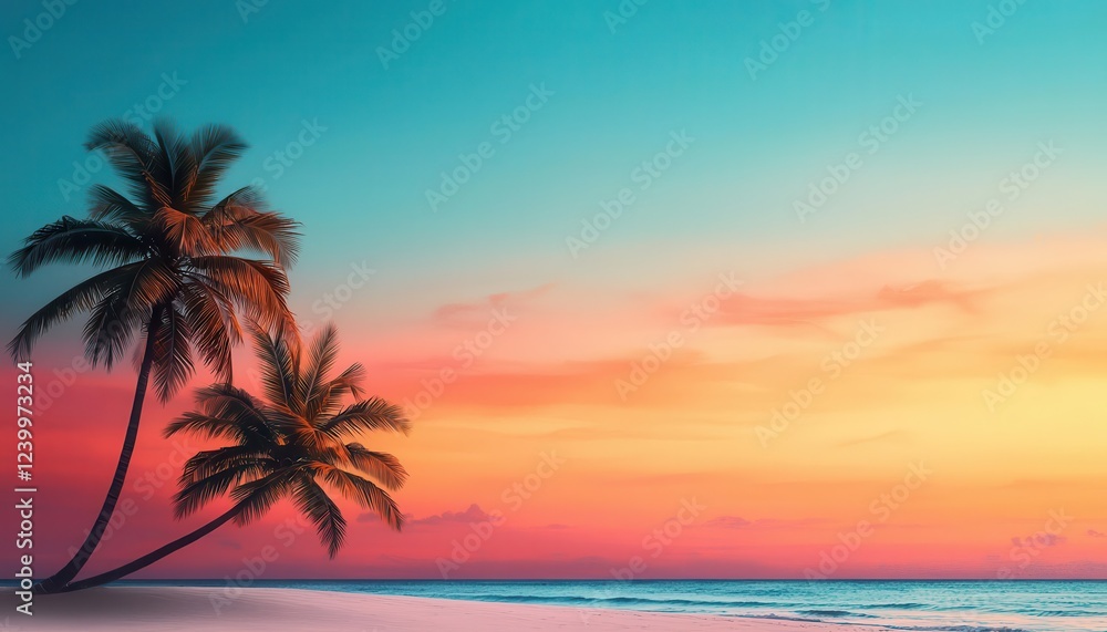 Serene beach at sunset with palm trees against a vibrant sky. Serene beach at sunset with palm trees against a vibrant sky.
