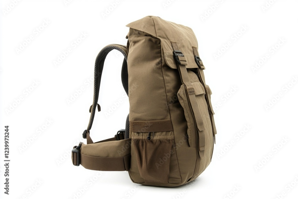 Naklejka premium A tan backpack with a black strap sits on a white background. The backpack is large and has a black strap