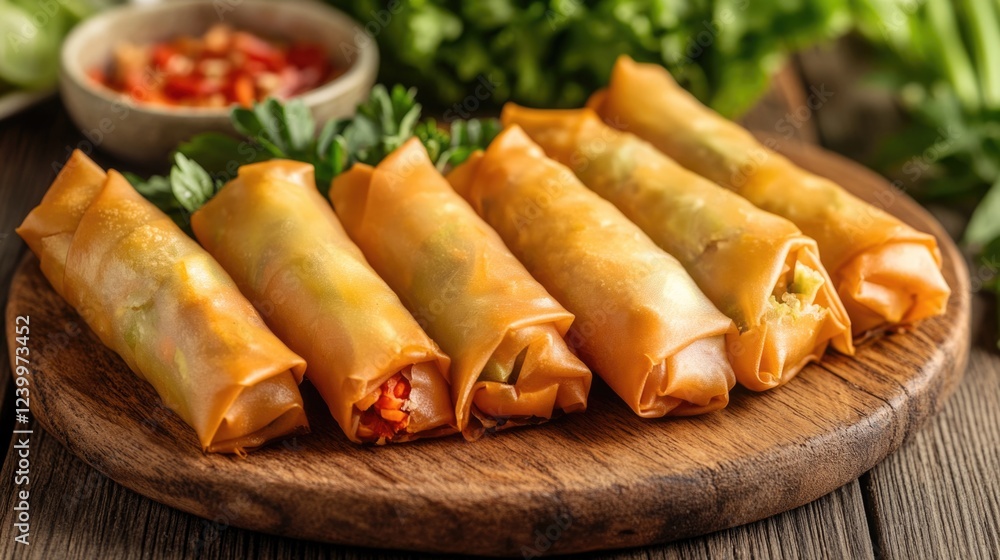 A delicious and nutritious serving of crispy spring rolls filled with a variety of colorful vegetables, perfect for an appetizer or snack. A delicious and nutritious serving of crispy spring rolls filled with a variety of colorful vegetables, perfect for an appetizer or snack.
