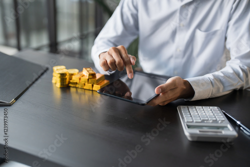 Gold Trading business man hand offering gold Investment in gold mining company or Trading gold on the stock exchange Rising gold prices. photo