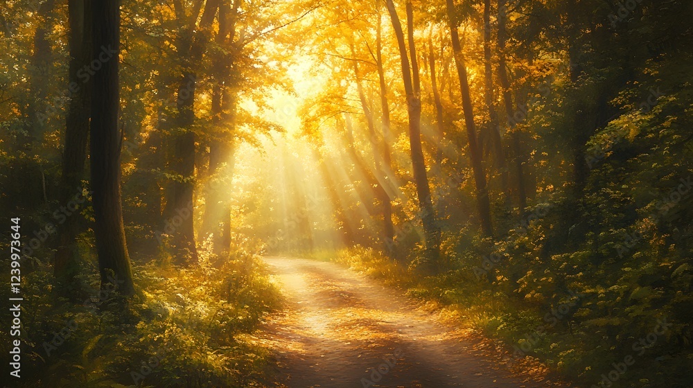 golden autumn forest path sunlight rays golden autumn forest path sunlight rays