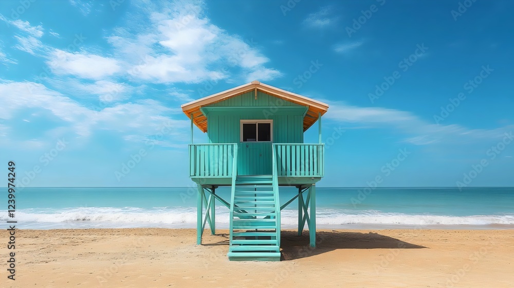 A small blue house with a wooden staircase is on a beach A small blue house with a wooden staircase is on a beach