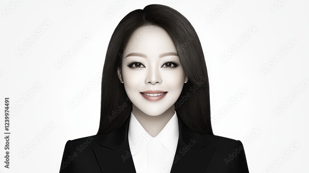 Elegant woman with long, flowing black hair and crisp white shirt, timeless portrait of simple beauty. Elegant woman with long, flowing black hair and crisp white shirt, timeless portrait of simple beauty.