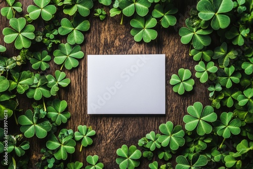 A collection of St. Patrick's Day items including a magneto diary surrounded by shamrock plants and four-leaf clovers, celebrating the Irish culture and traditions. photo