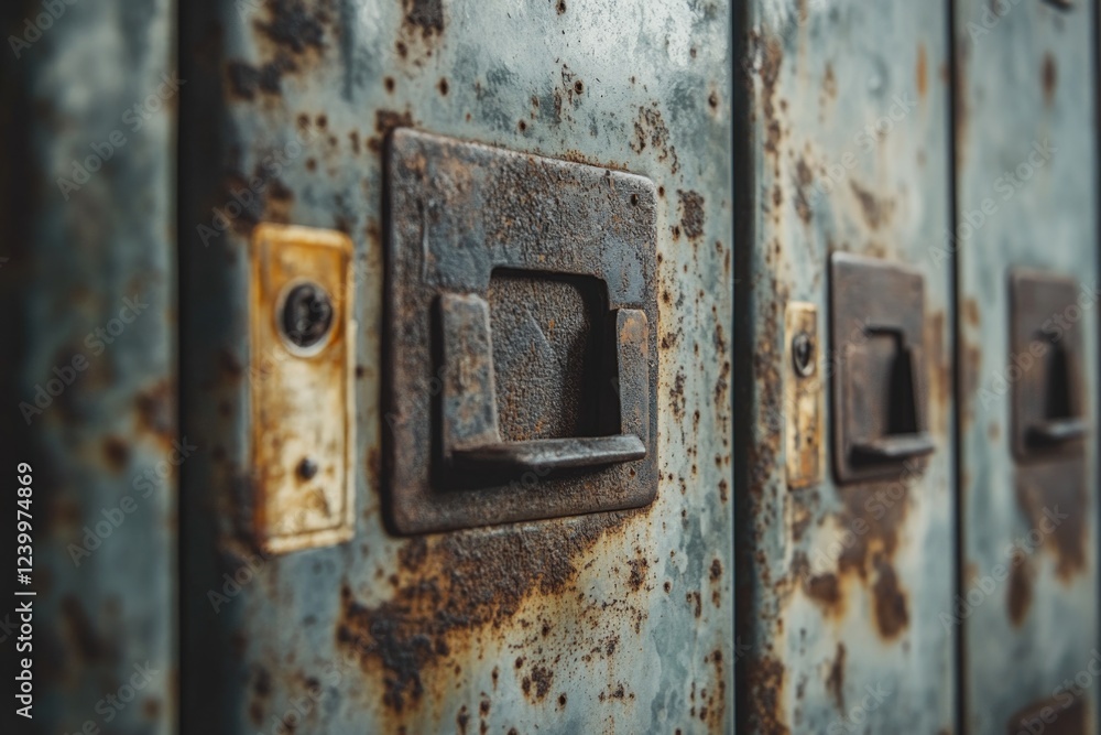 Old metal locker with rust, grime and dirt indicating long term exposure to the elements. Old metal locker with rust, grime and dirt indicating long term exposure to the elements.