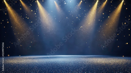 Sparkling stage with blue and gold spotlight beams, glitter floor.