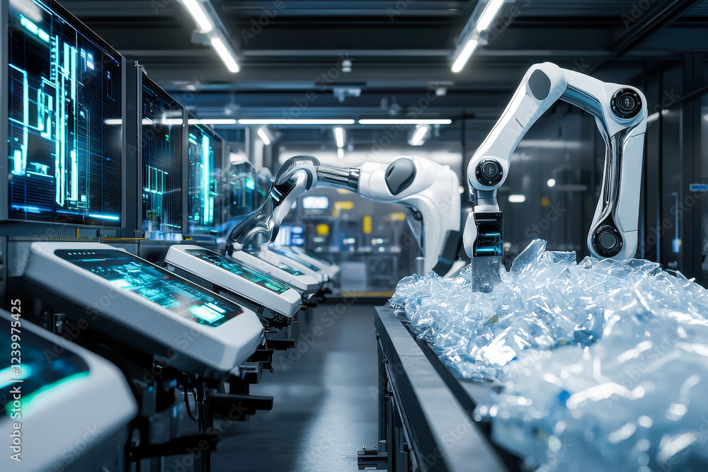 Obraz premium Robotic arms sorting plastic bottles in automated recycling facility
