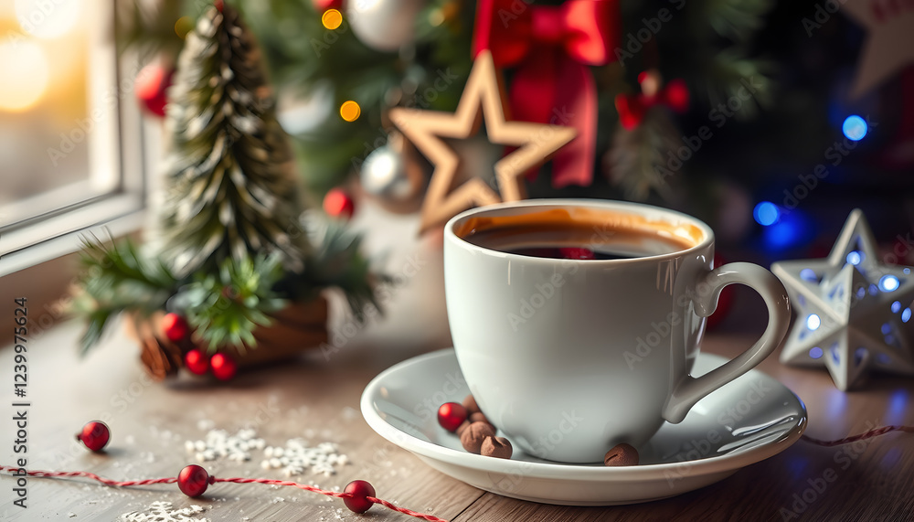 Cup of coffee and christmas decoration, silhouette. isolated with white shades Cup of coffee and christmas decoration, silhouette. isolated with white shades