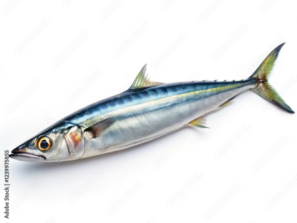 High-resolution stock photo of a saury fish, brilliantly showcased against a stark white backdrop. Ideal for food industry use. High-resolution stock photo of a saury fish, brilliantly showcased against a stark white backdrop. Ideal for food industry use.