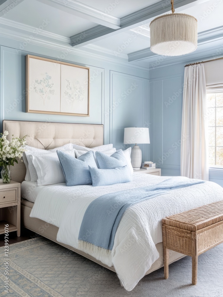 Fototapeta premium Serene Blue Bedroom With White Bedding And Elegant Decor