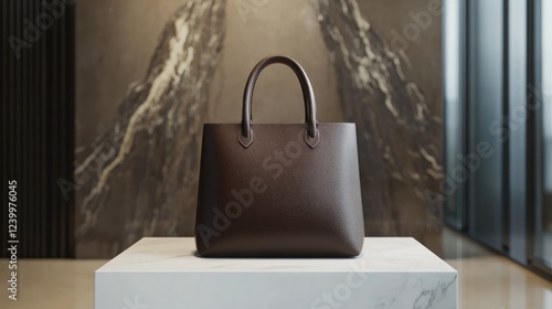 Wallpaper Mural Chic Mocha Mousse brown tote bag resting on a minimalist display stand, showcasing functionality and elegance. Torontodigital.ca
