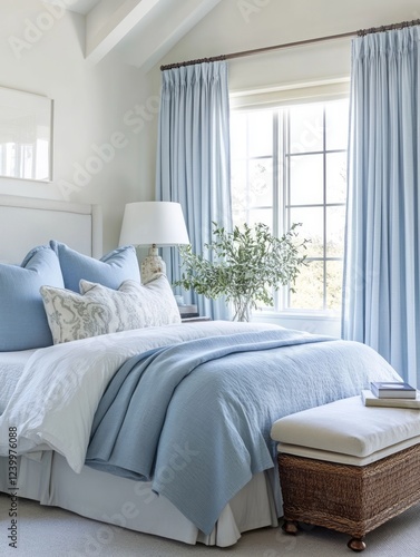 Serene Blue Bedroom With White Accents And Natural Light