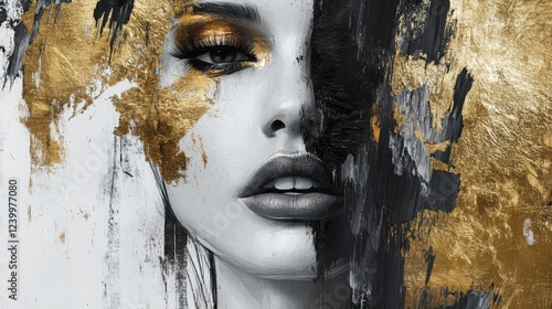 A minimal yet striking abstract womans portrait, using heavy brushstrokes of gold, black, and charcoal with a white canvas, perfect for modern spaces