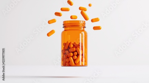 A vibrant orange prescription bottle filled with capsules. Some capsules are airborne, creating a dynamic and lively composition against a clean background. photo