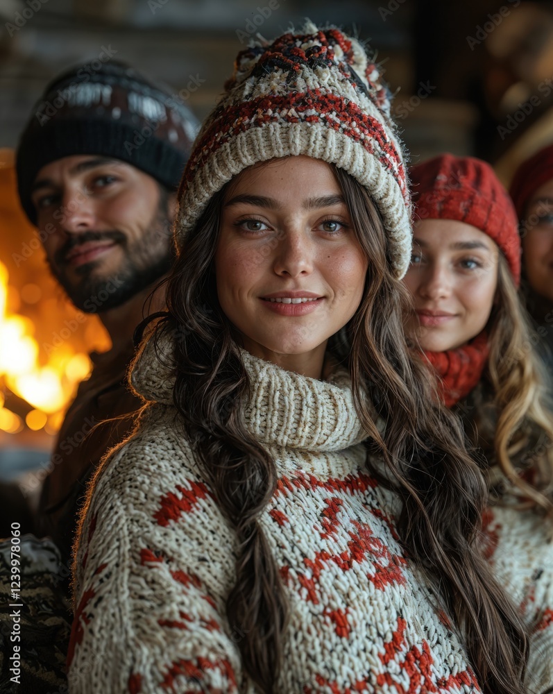 Friends share laughter and warmth as they gather by the crackling fireplace, donning cozy winter attire, creating a festive atmosphere in a charming cabin during the snowy season. Friends share laughter and warmth as they gather by the crackling fireplace, donning cozy winter attire, creating a festive atmosphere in a charming cabin during the snowy season.