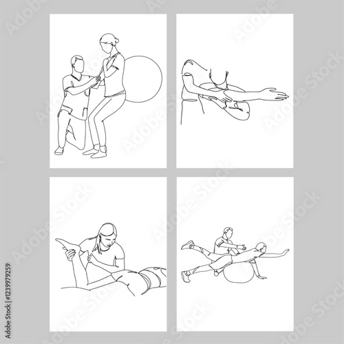 Minimalist Sport Therapy Gallery Set of 4 Drawings, Physiotherapy Office Poster, Line Art Print, Athlete Injury Recovery Digital File