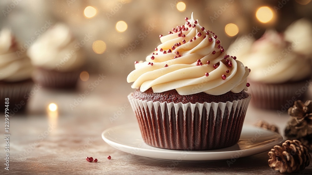 Festive Red Velvet Cupcake, bokeh lights, holiday Festive Red Velvet Cupcake, bokeh lights, holiday