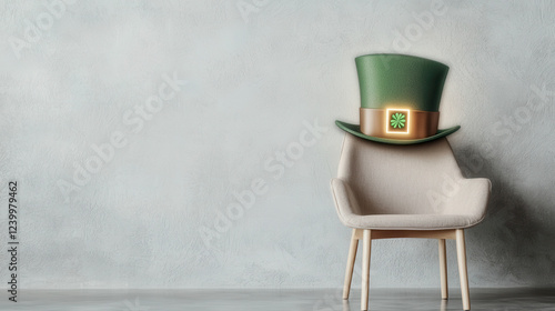 Stylish Neon Glow for St. Patrick’s Day. A green leprechaun hat sits atop a modern chair against a textured wall. photo