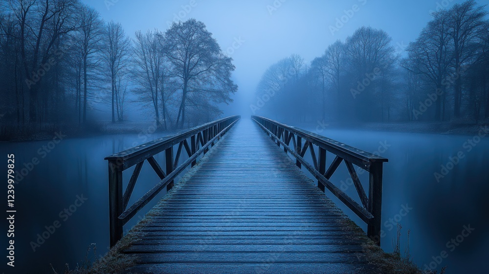 Naklejka premium Misty bridge, winter woods, serene lake, dawn