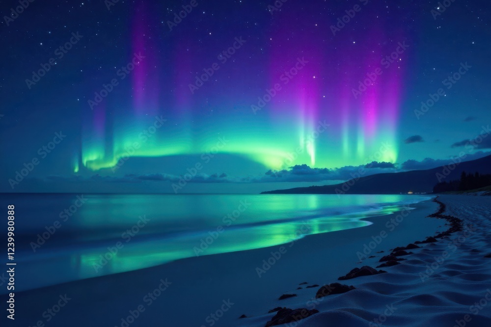 Naklejka premium Serene Coastal Night Scene with Vibrant Aurora Borealis Display Over Calm Ocean Waters