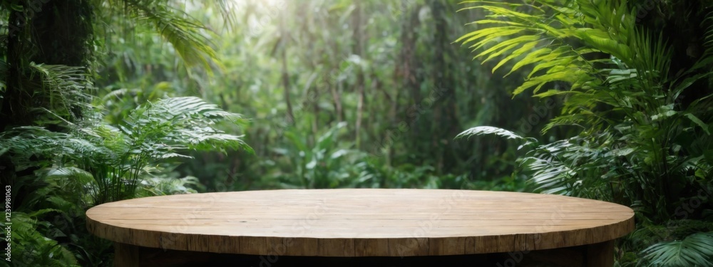 Serene Forest Setting with Round Wooden Table Surrounded by Lush Greenery: Peaceful Nature Scene with Tropical Plants Serene Forest Setting with Round Wooden Table Surrounded by Lush Greenery: Peaceful Nature Scene with Tropical Plants