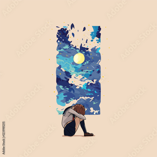 Illustration of a girl sitting sadly with a blue cloud background
