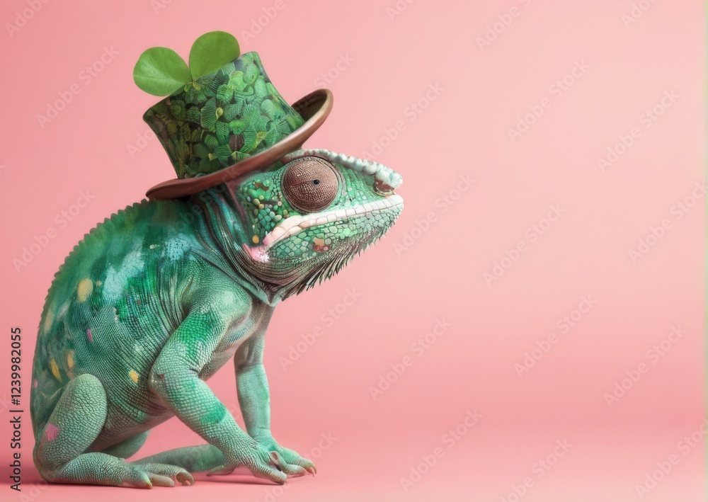 Naklejka premium Whimsical Chameleon in Top Hat with Clover on Pink Background