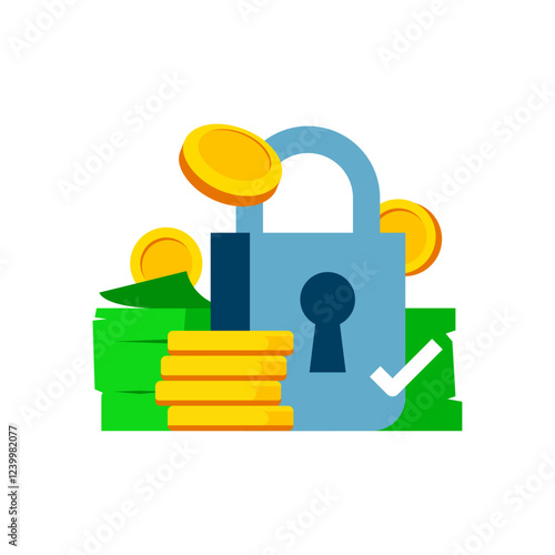 Flat illustration of financial security and safe transactions. banknotes, coins, padlock and check mark. secure payments, fraud prevention, and guaranteed fund protection. encrypted financial systems