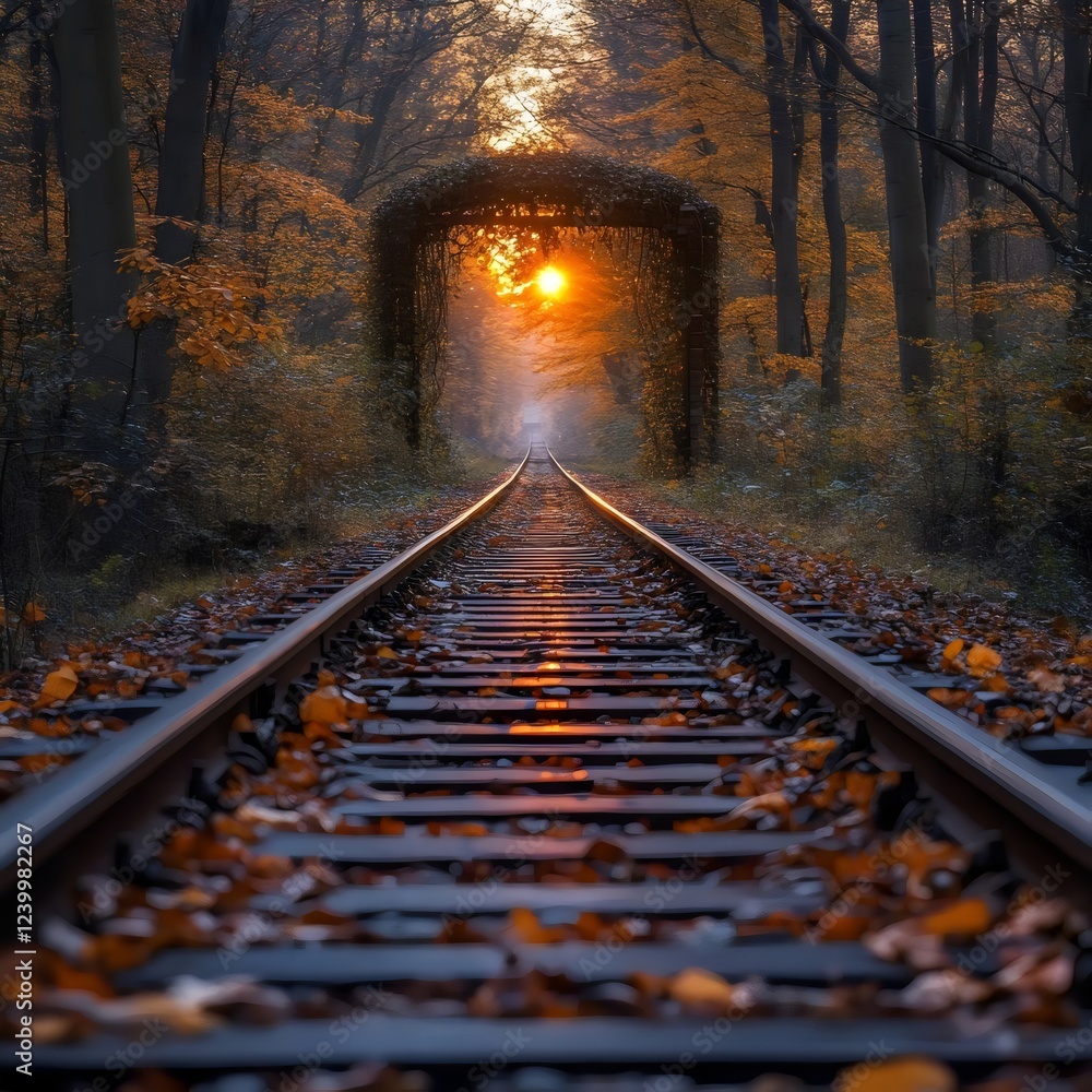 Naklejka premium A train track with leaves on it and a sun shining through the tunnel