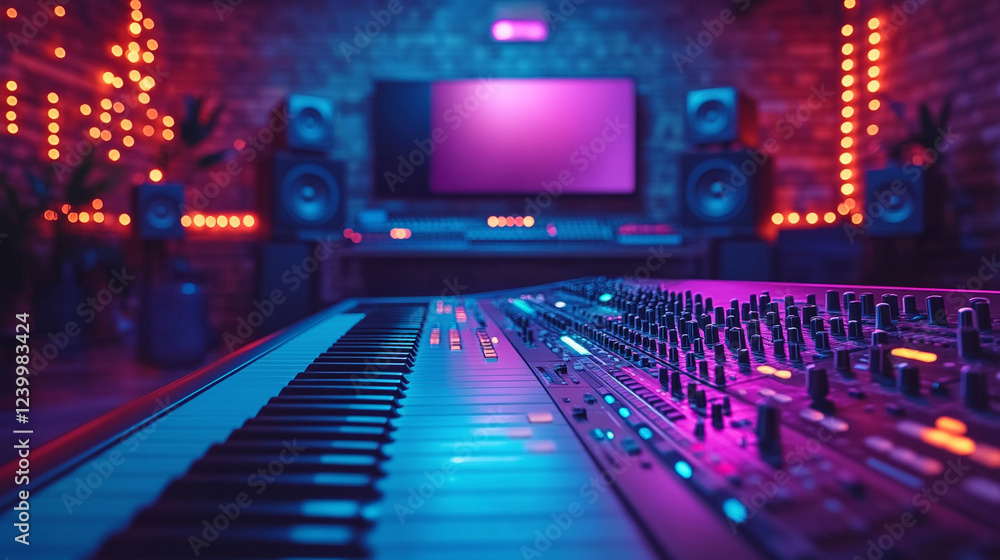 A modern music production studio featuring an audio mixing console, keyboard, and speakers, ideal for creative sound recording and mixing with a blurred space for captions or text.
A modern music production studio featuring an audio mixing console, keyboard, and speakers, ideal for creative sound recording and mixing with a blurred space for captions or text.