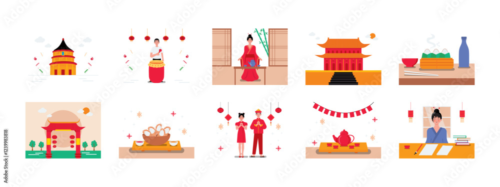 Fototapeta premium Chinese set illustration. Flat vector illustration concept.