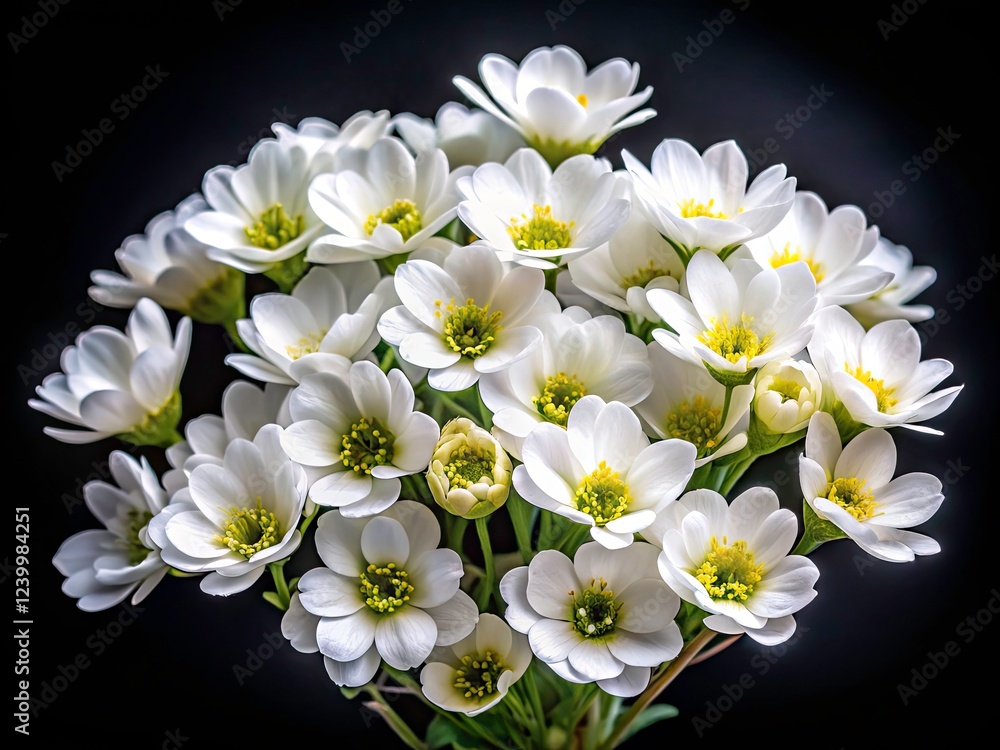 Obraz premium Panoramic black background, stunning white blooms. High-resolution, dramatic contrast, elegant floral photography.