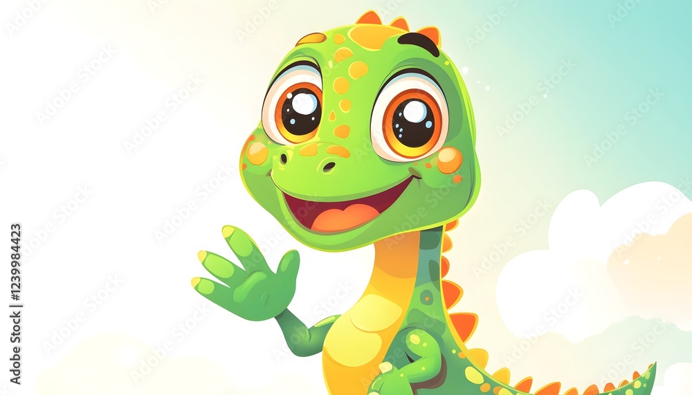 Fototapeta premium A cheerful green dinosaur waves hello happily