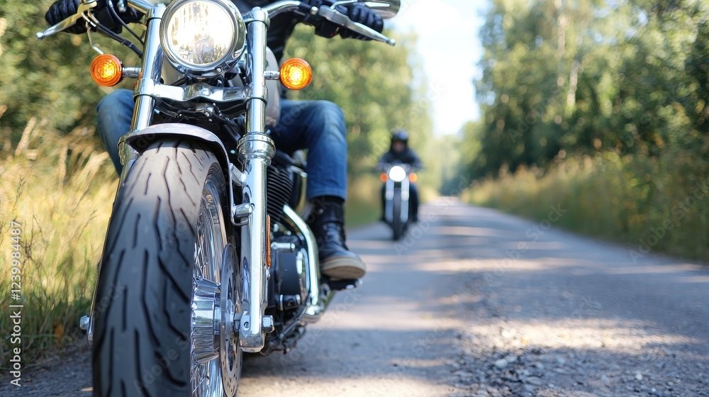 Naklejka premium Bikers ride country road, forest background, summer adventure