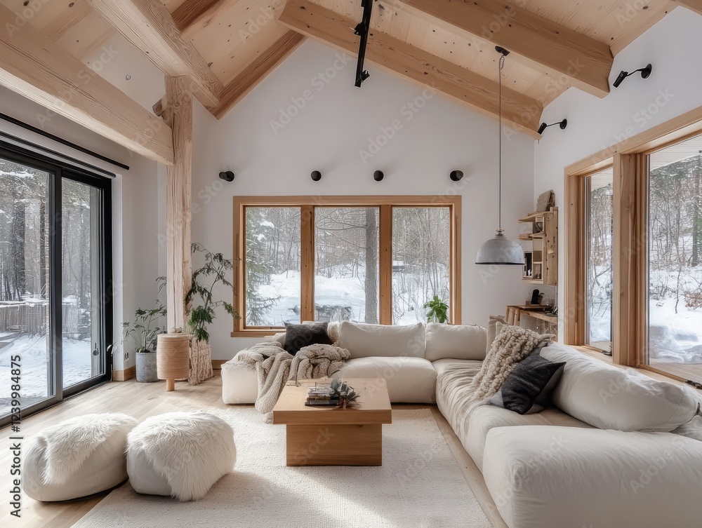 Fototapeta premium Modern Cozy Living Room With Wooden Beams And Snow View