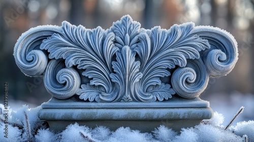 Frosty acanthus garden ornament, winter scene photo