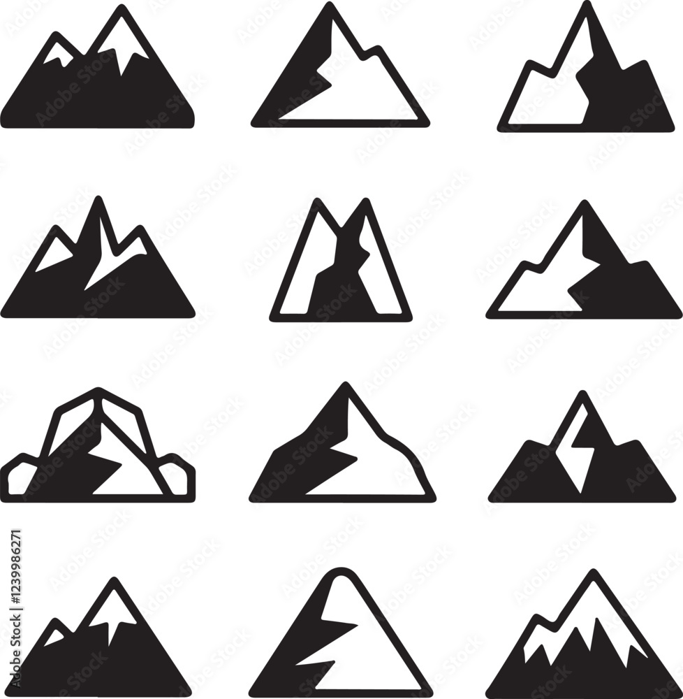 mountain icons set, minimalist mountain icons silhouette vector style with white background mountain icons set, minimalist mountain icons silhouette vector style with white background