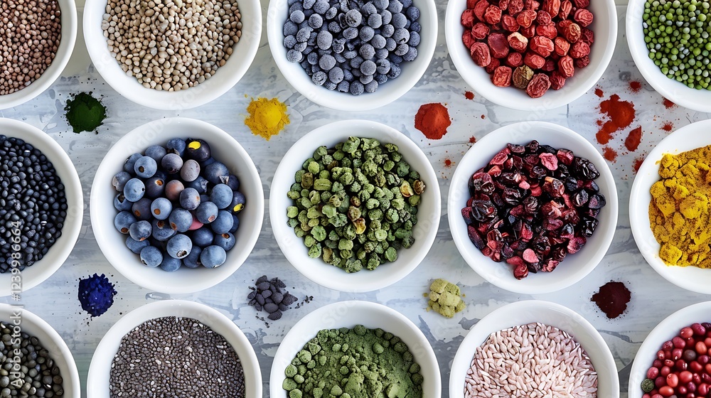 Top view of various superfoods in white bowls, showcasing a vibrant array of colors and textures. Top view of various superfoods in white bowls, showcasing a vibrant array of colors and textures.