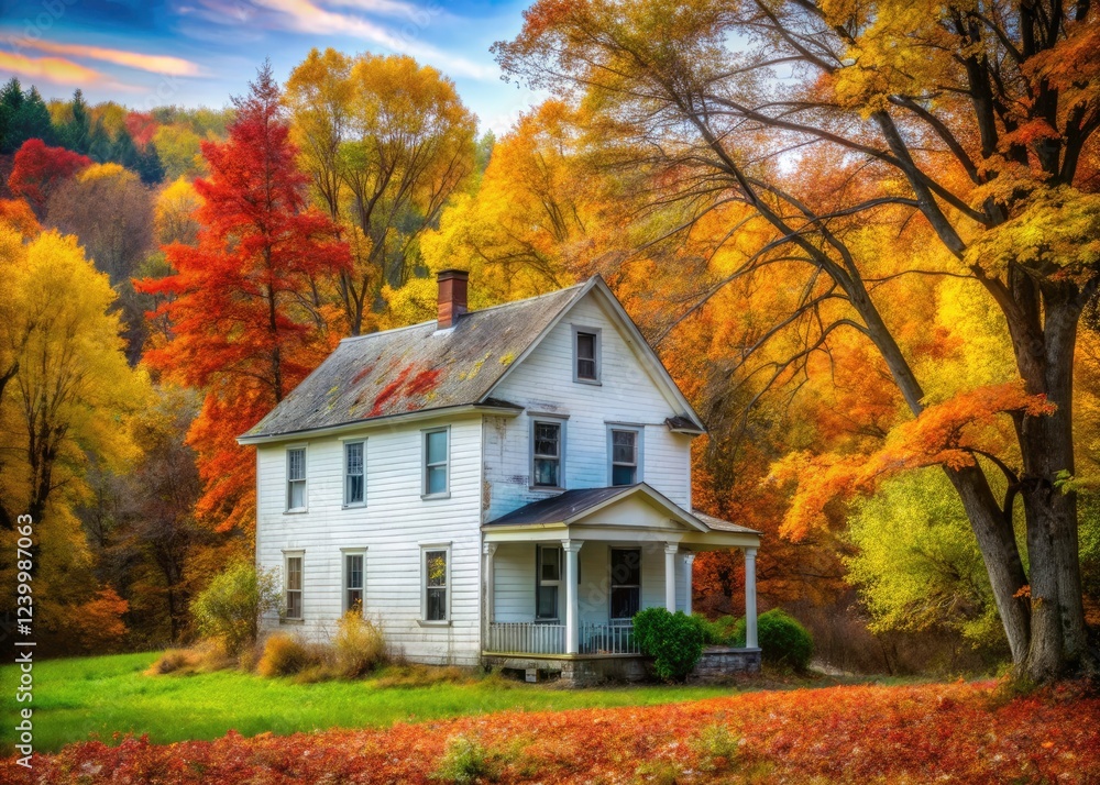 Rustic charm: an antique white house stands amidst vibrant autumn trees in a picturesque countryside setting.