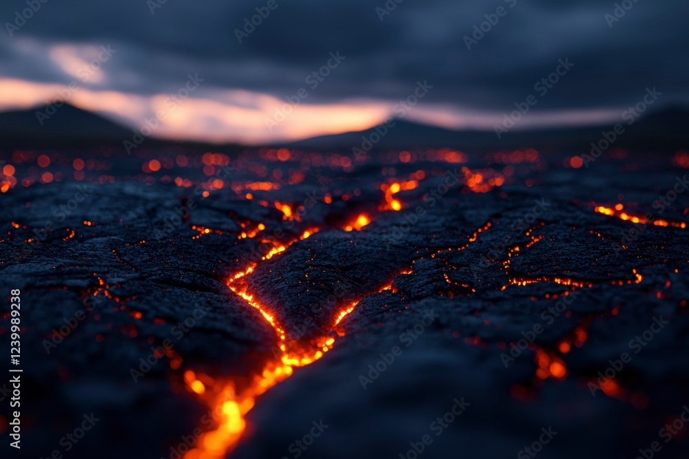 Glowing Lava Flows Through Cracked Volcanic Rock Glowing Lava Flows Through Cracked Volcanic Rock